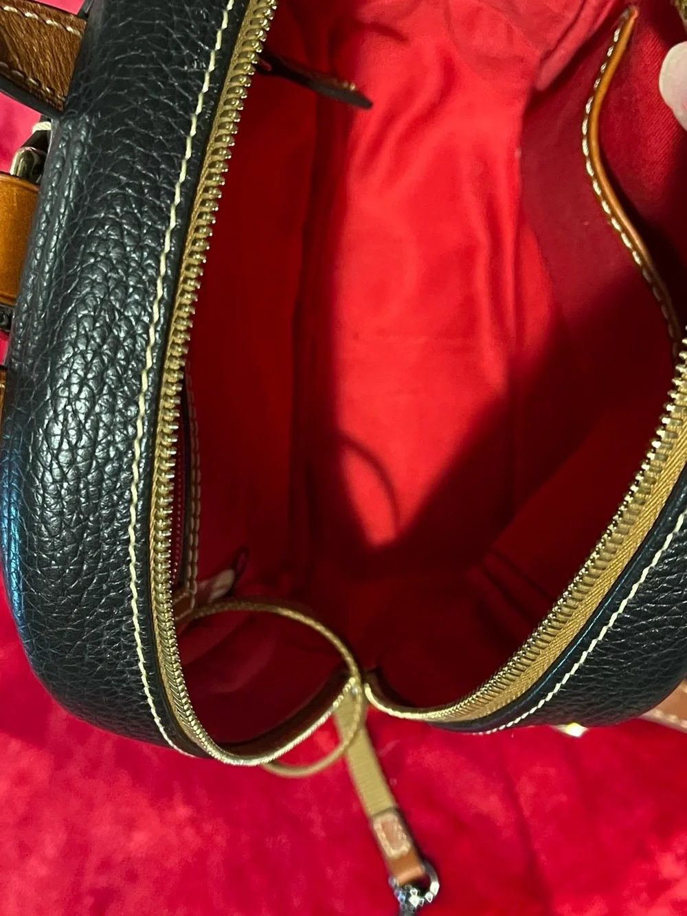 Dooney & Bourke Black Pebbled Leather Mini Backpack with Brown Trim